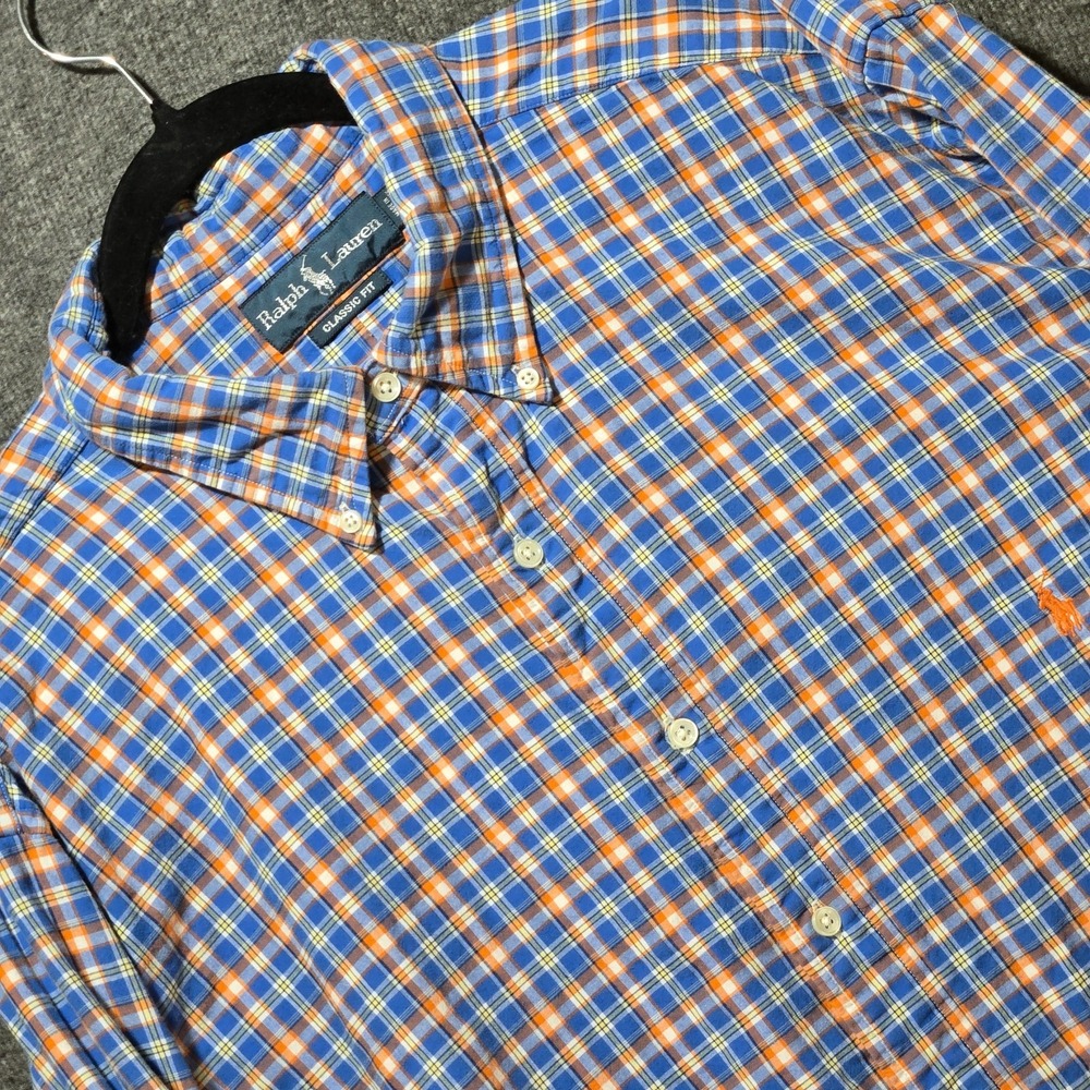 Polo Ralph Lauren Plaid Lined Shirt Mens 2XLT Tall Orange Blue Button Front